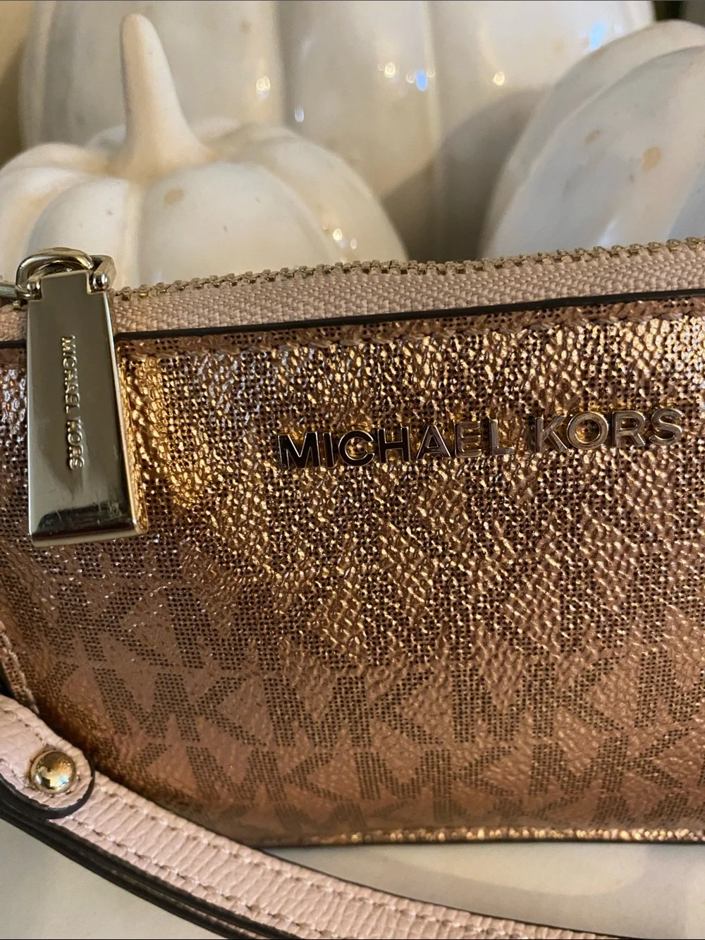 Michael Kors Metallic Rose Gold and Blush Wristlet w/ gold Hardware